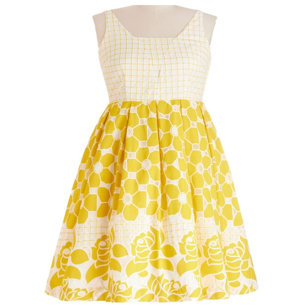NWOT Modcloth yellow & white dress with full skirt. vintage style, size L